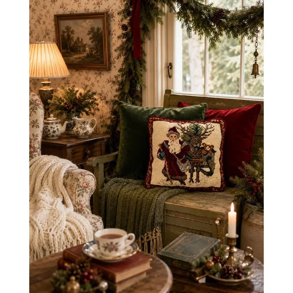 Vintage Christmas Accent Needlepoint Santa & Reindeer Pillow Red Velvet 9x9